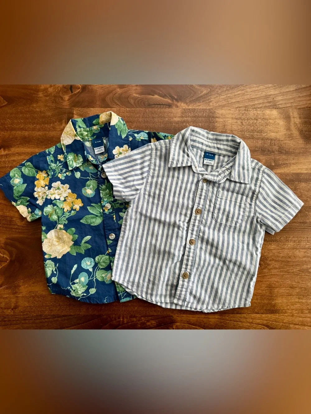 Bundle Old Navy Blue Floral & Coastal Stripe Button Down Shirts 6-12 Months